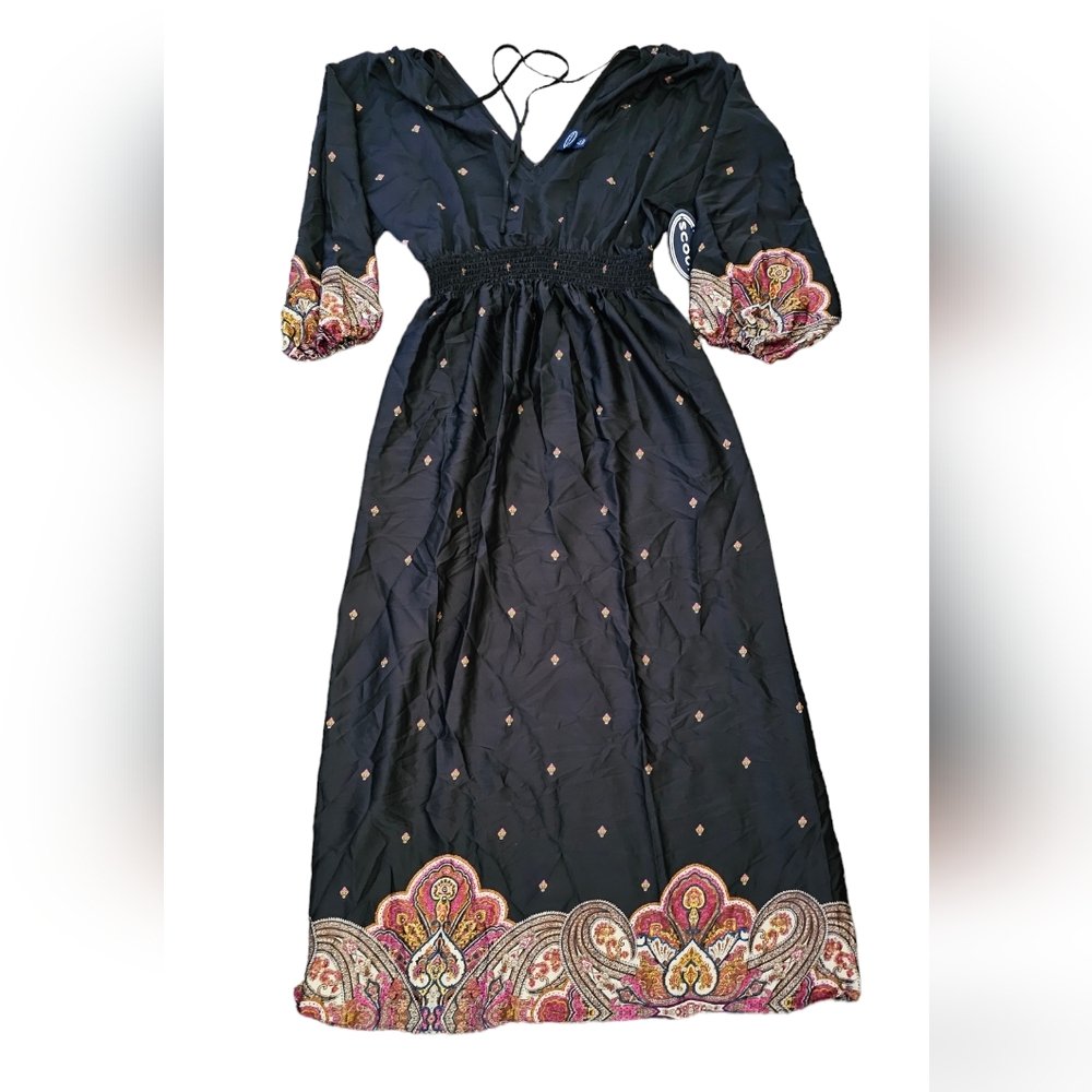 NWT Skoop v-neck boho lightweight floral black maxi‎ dress, size S